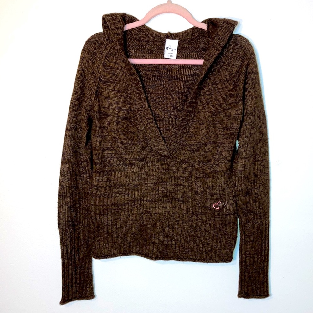 Roxy Brown Hooded V Neck Sweater Size Large
